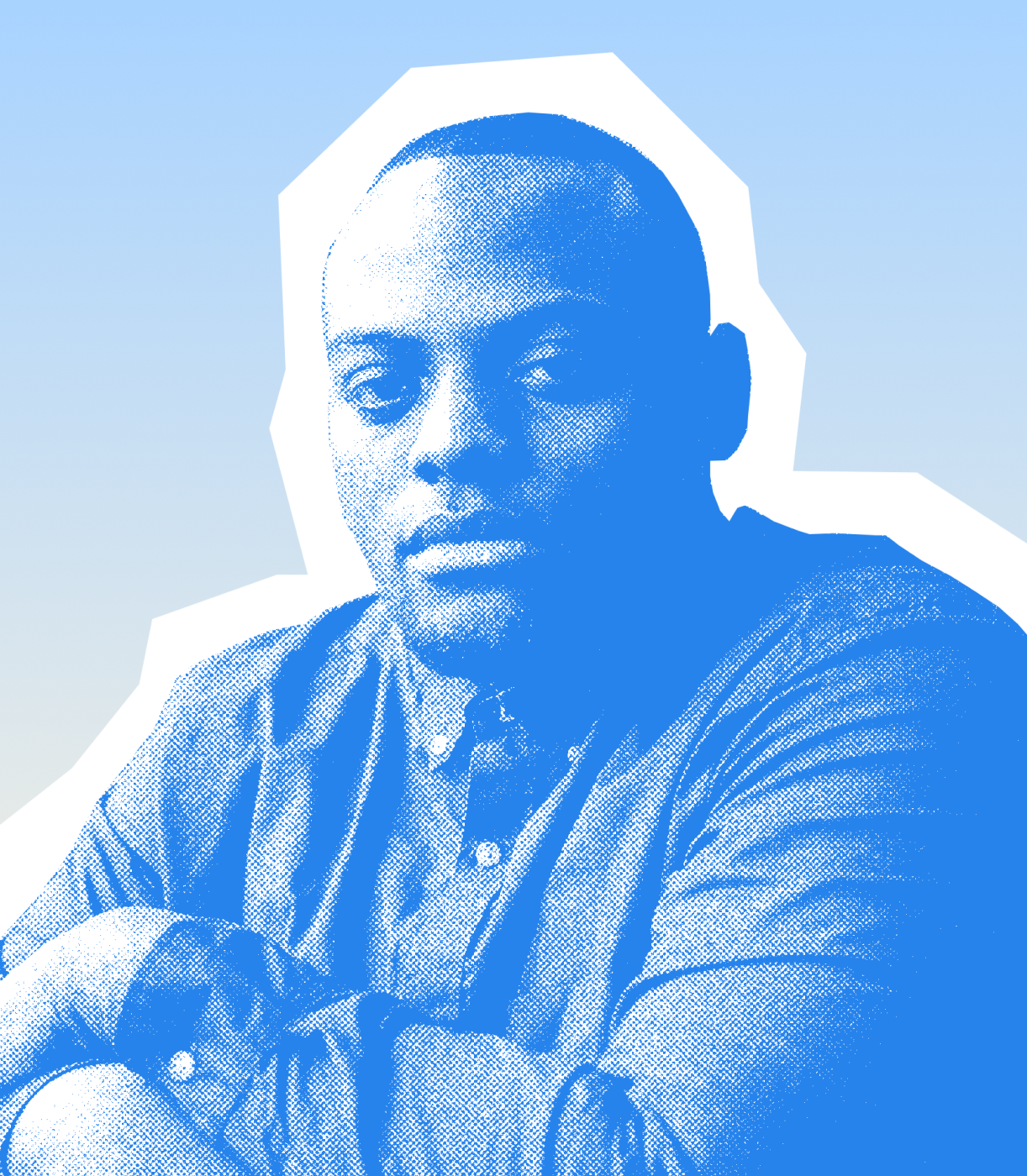 Stylized blue duotone portrait of a person facing the camera with arms crossed